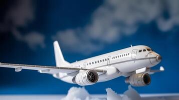 proche de blanc avion illustrer avec des nuages sur bleu établissement. Créatif Ressource, ai généré photo