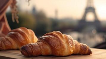 délicieux français des croissants sur nostalgique établissement de Eiffel la tour, Paris. Créatif Ressource, ai généré photo