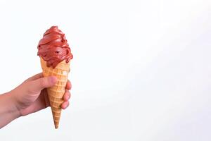 main en portant délicieux rouge velours la glace crème dans une croustillant gaufre cône avec copie espace. ai généré photo