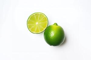 Haut vue de entier et tranche citron vert isolé sur blanc Contexte. ai généré photo