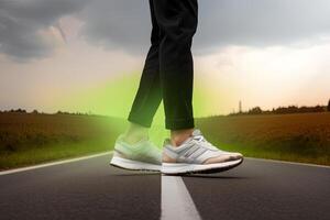 jambes vue de une la personne en marchant sur le route portant des sports chaussures. ai généré photo