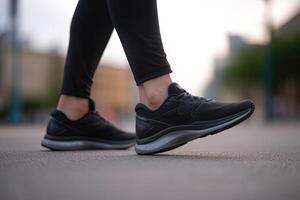 jambes vue de une la personne en marchant sur le route portant des sports chaussures. ai généré photo