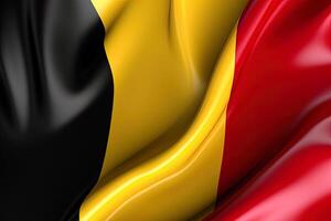 noir, Jaune et rouge arrière-plan, agitant le nationale drapeau de Belgique, agité une très détaillé fermer. ai généré photo