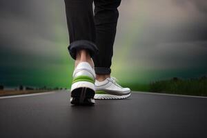 jambes vue de une la personne en marchant sur le route portant des sports chaussures. ai généré photo