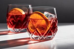 negroni cocktail dans cristal verre avec la glace cubes et Orange tranche sur blanc Contexte. ai généré photo