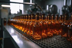 une bouteille de ambre avec whisky entouré par autre bouteilles sur le usine convoyeur. ai généré photo