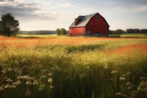 rouge Grange dans le champ. ai généré photo