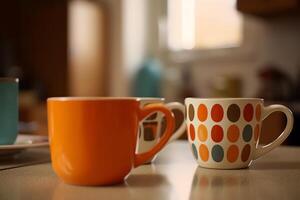 2 café des tasses dans une Années 60 cuisine dans brillant céramique. ai généré photo