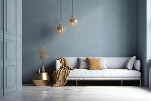 scandinave intérieur de vivant pièce concept lumière gris canapé avec or lampe sur blanc sol et bleu mur 3d le rendu. ai généré photo