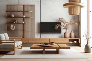 moderne Japon style vivant pièce décoré avec minimaliste la télé cabinet et étagère à livres blanc mur et bois lamelle mur 3d le rendu. ai généré photo