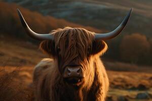 montagnes vache avec cornes. ai généré photo