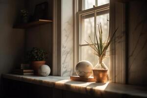 une marbre étagère avec une vase et une plante sur il dans le coin de une pièce avec lumière du soleil à venir par le fenêtre et une la fenêtre. ai généré photo