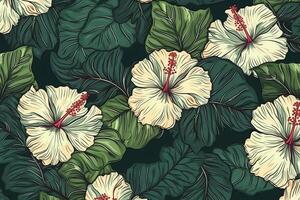 sans couture modèle hibiscus fleurs monstera vert feuille Contexte. ai généré photo