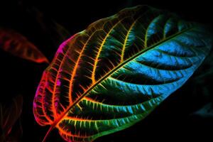 tropical feuille est lueur dans le noir lumière Contexte haute contraste. ai généré photo