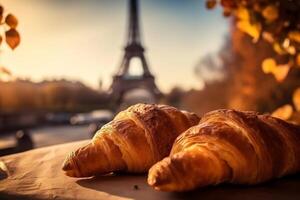 délicieux français des croissants sur romantique Contexte de Eiffel la tour Paris basé sur. ai généré photo