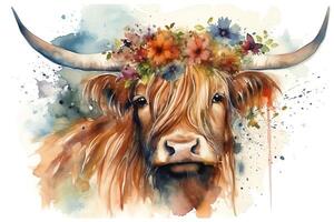 aquarelle Écossais montagnes vache magnifique montagnes vache avec fleurs sur sa tête floral Bandeau. ai généré photo