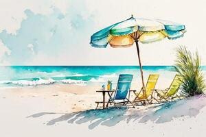 une aquarelle La peinture été scène de une plage avec coloré parapluie et deux chaises, génératif ai photo