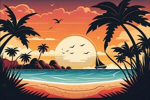 tropical plage avec océan le coucher du soleil et paume des arbres, dessin animé été voir, illustration avec été arrière-plan, génératif ai photo