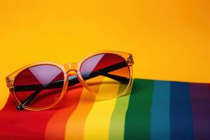 des lunettes de soleil et lgbtq communauté drapeau couleurs sur Jaune Contexte. ai génératif photo