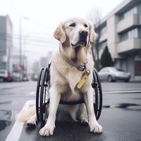 désactivée chien, de derrière membres de une chien dans une fauteuil roulant sur une ville rue. génératif ai photo