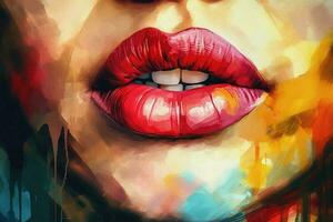 femelle lèvres de une Jeune fille avec rouge rouge à lèvres, fermer peint dans aquarelle sur texturé papier. numérique aquarelle La peinture photo