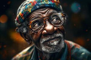 portrait de un personnes âgées peau foncée souriant grand-père avec lunettes. le jeunesse de le âme. génératif ai photo