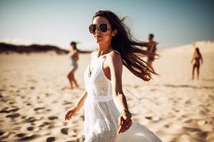 une fille portant des lunettes de soleil et une blanc été robe des promenades sur le plage. génératif ai photo
