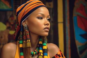 portrait de un africain femme portant une nationale coiffure. génératif ai photo