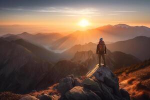 une Masculin promeneur des stands sur le de pointe de une falaise haute dans le montagnes et regards en dehors à le le coucher du soleil. génératif ai photo