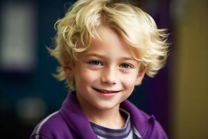 portrait, souriant garçon avec blond cheveux, écolier dans violet vêtements. génératif ai photo