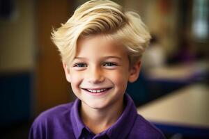 portrait, souriant garçon avec blond cheveux, écolier dans violet vêtements. génératif ai photo