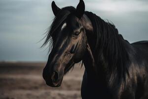 une de race noir cheval dans le pâturage. génératif ai photo