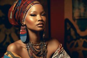 portrait de un africain femme portant une nationale coiffure. génératif ai photo