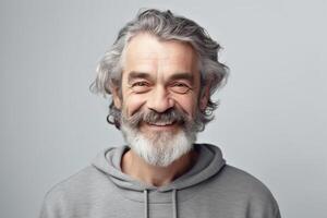 un personnes âgées homme avec gris cheveux sourit dans une sportif sweatshirt à capuche. studio portrait. génératif ai photo