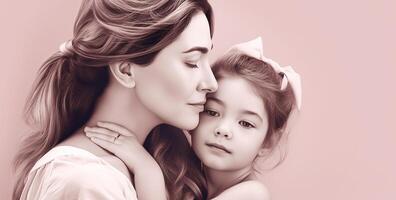 famille portrait de une souriant mère avec sa fille dans rose dans le studio. génératif ai photo