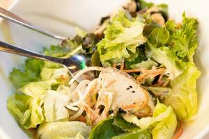 régime petit déjeuner et le déjeuner pour poids perte faible calorie manège santé et aptitude. poulet salade avec Japonais soja Marinade et sésame graines. photo