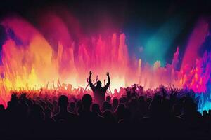 silhouette de gens à concert ou la musique Festival avec néon lumières. ai photo