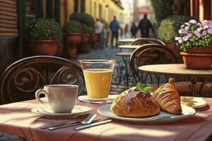 Matin petit déjeuner à européen rue café. génératif ai photo