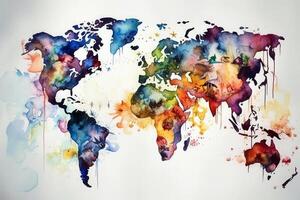 monde carte continents avec brillant aquarelle . ai généré photo