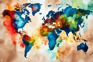 monde carte continents avec brillant aquarelle . ai généré photo