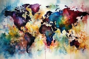 monde carte continents avec brillant aquarelle . ai généré photo