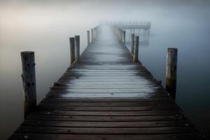 brouillard sur le Lac avec en bois jetée. ai généré photo