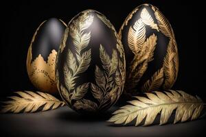 ai généré d'or métallique et noir peint des œufs avec d'or plumes sur la gauche noir Contexte. à motifs or sur des œufs photo