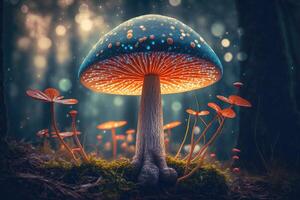 ai généré la magie champignon dans le forêt coloré Contexte. photo