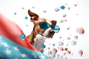 mignonne chien chiot profiter Etats-Unis indépendance journée ai génératif avec lunettes de soleil et ballons photo