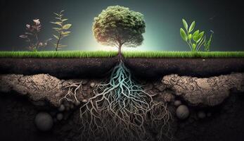 les plantes croissance sur le surface et les racines souterrain, Terre section concept, génératif ai illustration photo