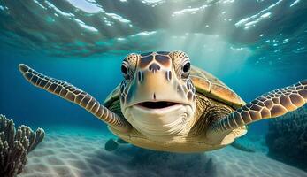 portrait de une content mer tortue nager sous-marin. génératif ai photo