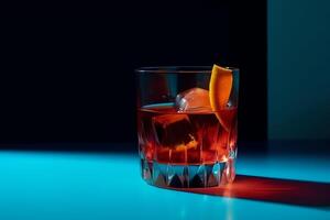 populaire cocktail negroni avec Gin et Vermouth sur bleu Contexte avec ombre negroni cocktail sur coloré Contexte dans branché style contemporain concept avec de l'alcool boisson. ai généré photo