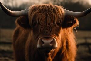 portrait de une marron Écossais montagnes bétail vache avec longue cornes. ai généré photo