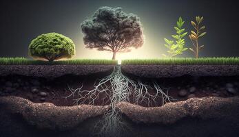 les plantes croissance sur le surface et les racines souterrain, Terre section concept, génératif ai illustration photo